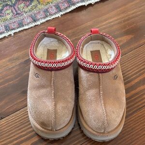 UGG Kids Tan Slippers with Red Trim